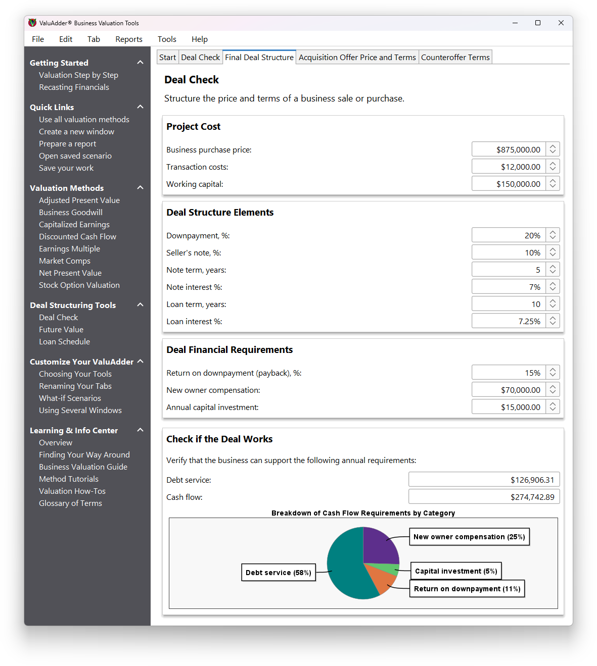 Business acquisition Deal Check ValuAdder - constructing and verifying the business purchase offer terms