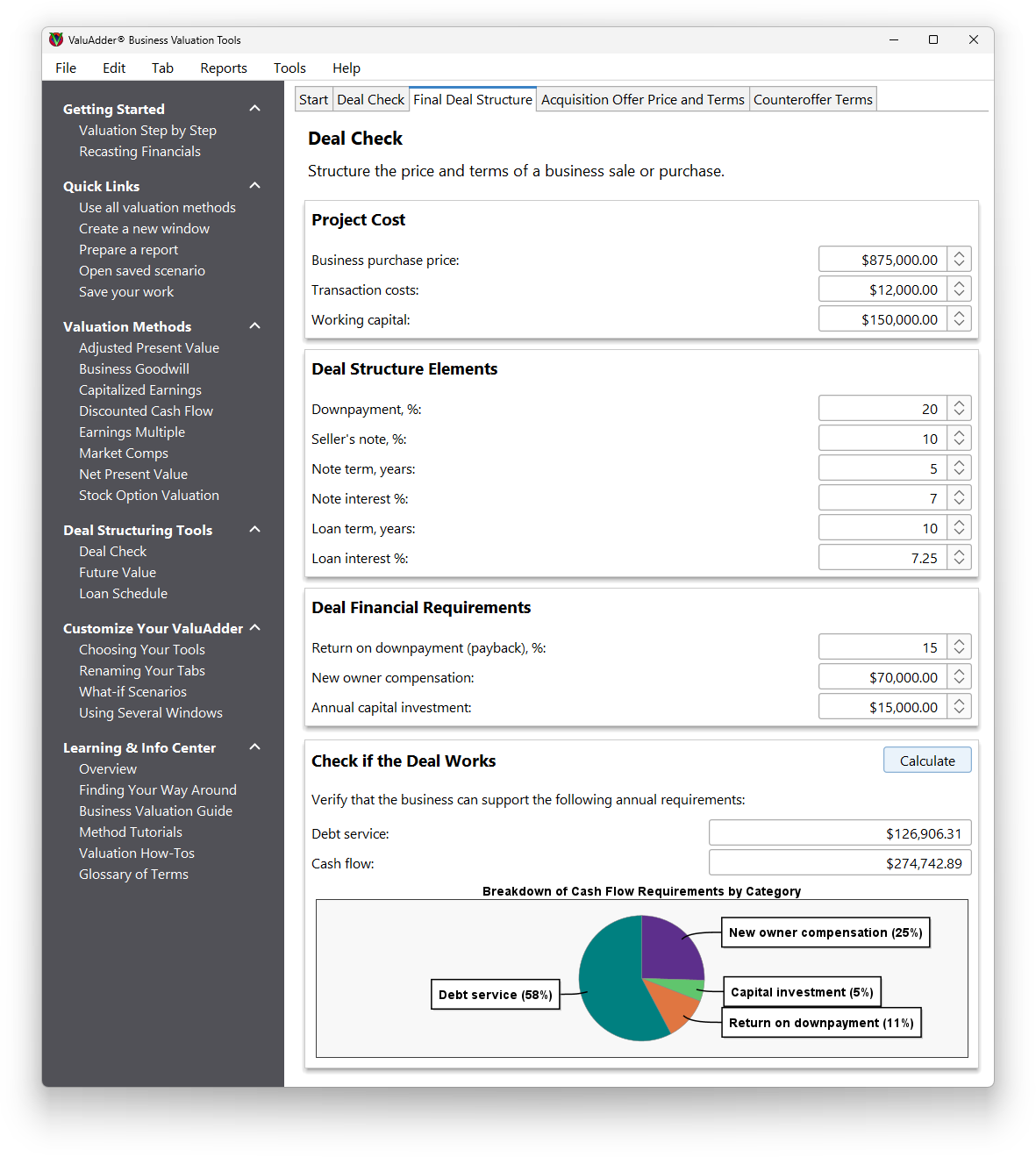 Business acquisition Deal Check ValuAdder - constructing and verifying the business purchase offer terms