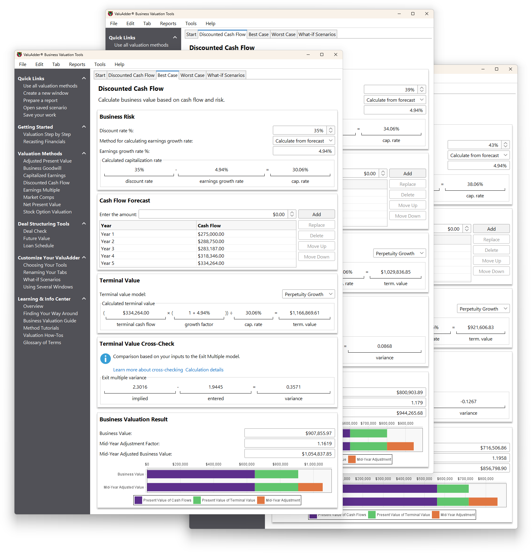 A demonstration of a “what-if” scenario with the Discounted Cash Flow calculation.