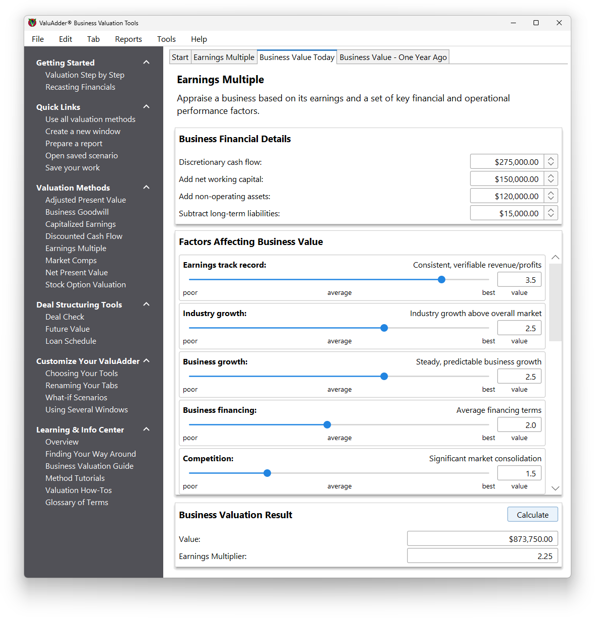ValuAdder - Multiple of discretionary earnings valuation based on business income and 14 valuation multipliers Earnings multiple business valuation