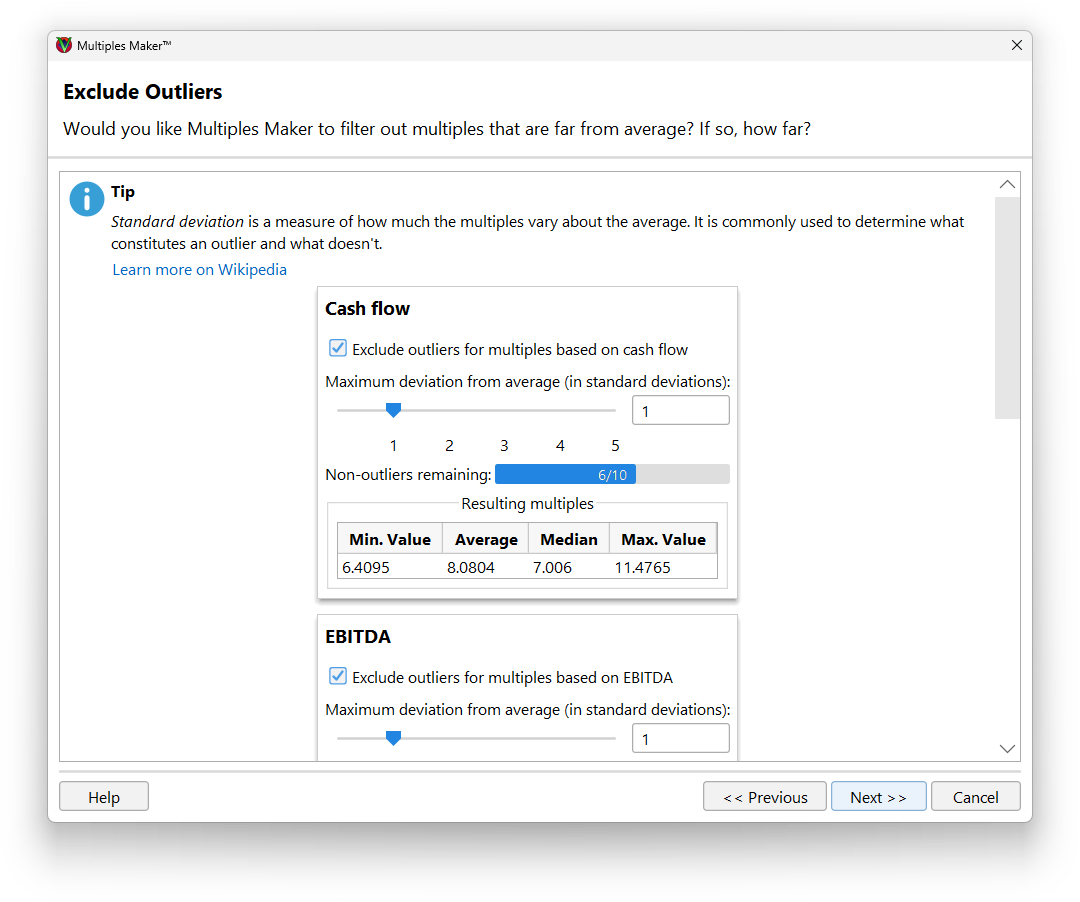 Visualization of outlier filtering in Multiples Maker with standard deviation controls.