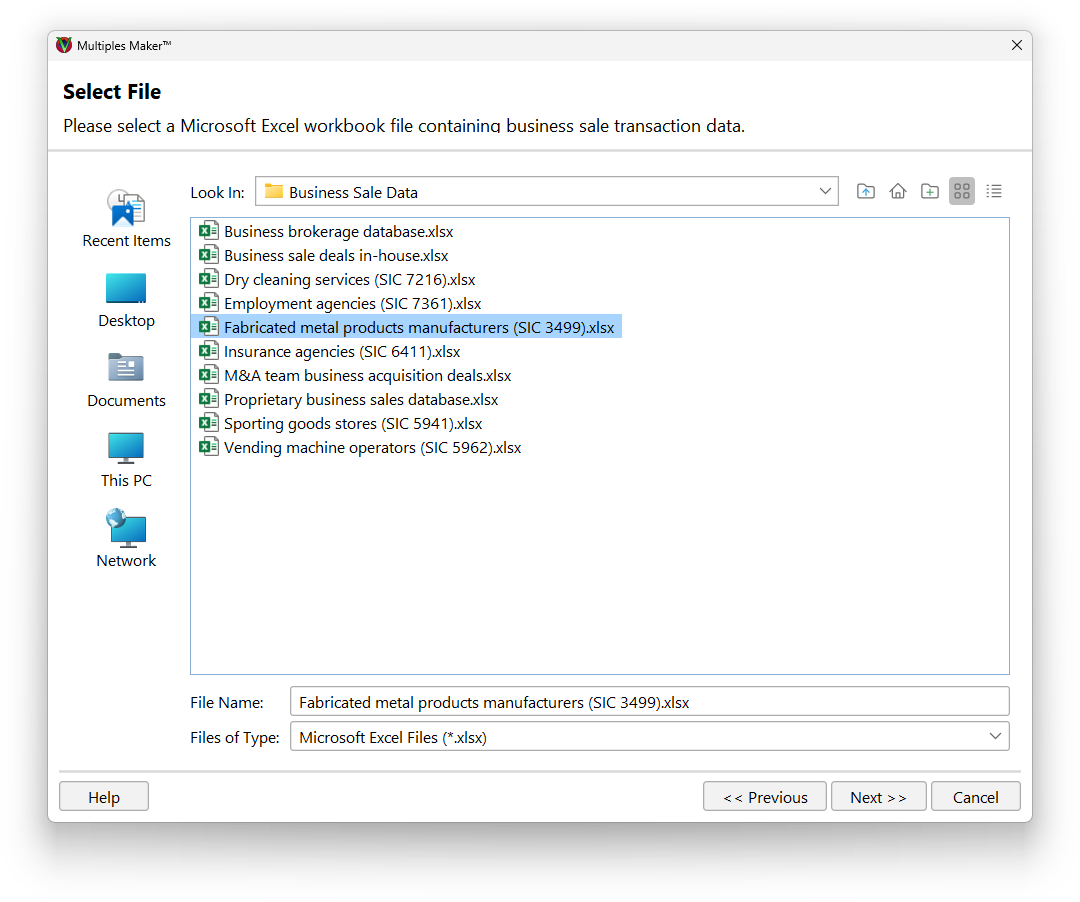 Selecting a business sale data file in Multiples Maker. This is the first step toward calculating business valuation multiples.