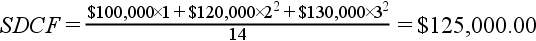 SDCF = ($100,000×1 + $120,000×2² + $130,000×3²) ÷ 14 = $125,000.00