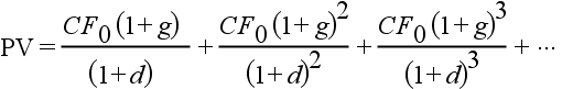 PV = (CF₀ (1 + g)) ÷ (1 + d) + (CF₀ (1 + g)²) ÷ (1 + d)² + (CF₀ (1 + g)³) ÷ (1 + d)³ + ⋯